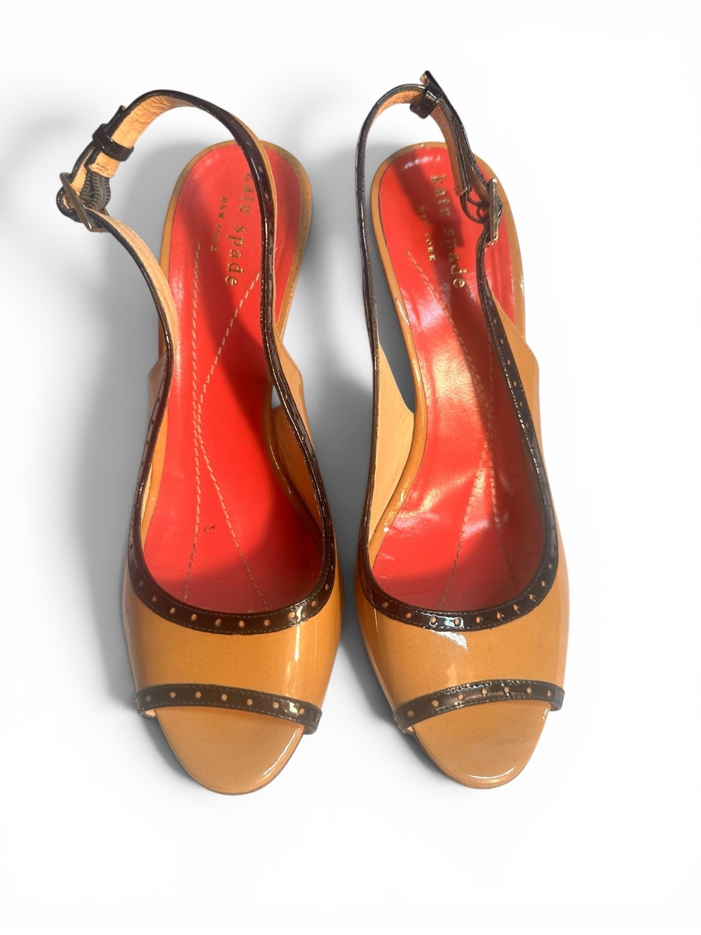 Kate Spade New York Patent Leather Slingback Heels Tan Black Peep Toe Size 6B - Picture 13 of 15